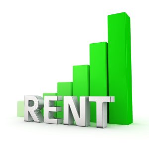 Green bar graph of Rent on white. Growth and development concept.